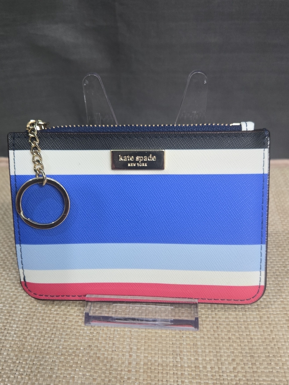 NWOT kate spade Blue, Light Blue, White, Pink Striped Card Pouch with Keyring